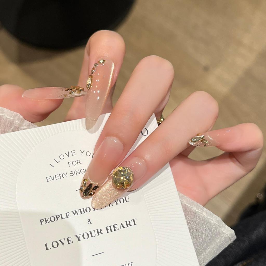 Champagne Gold Cat Eye Long False Nails - Detachable, Sparkly, & High-End Feel