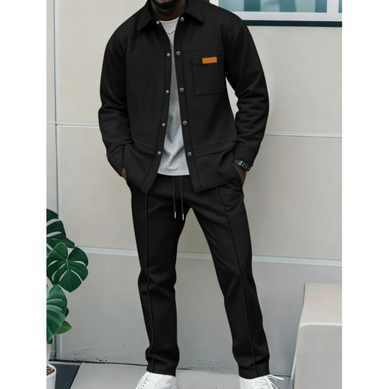 Men'sSpring and Autumn Waffle Pure Color Placket Pocket Jacket + Pants Set - A Casual Two-Piece Outfit