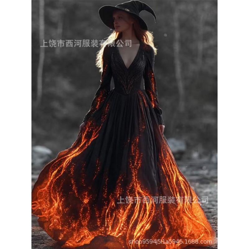 Abito Lungo da Donna con Stampa Sfumata Teschio Rosa Gotico Streetwear di Halloween