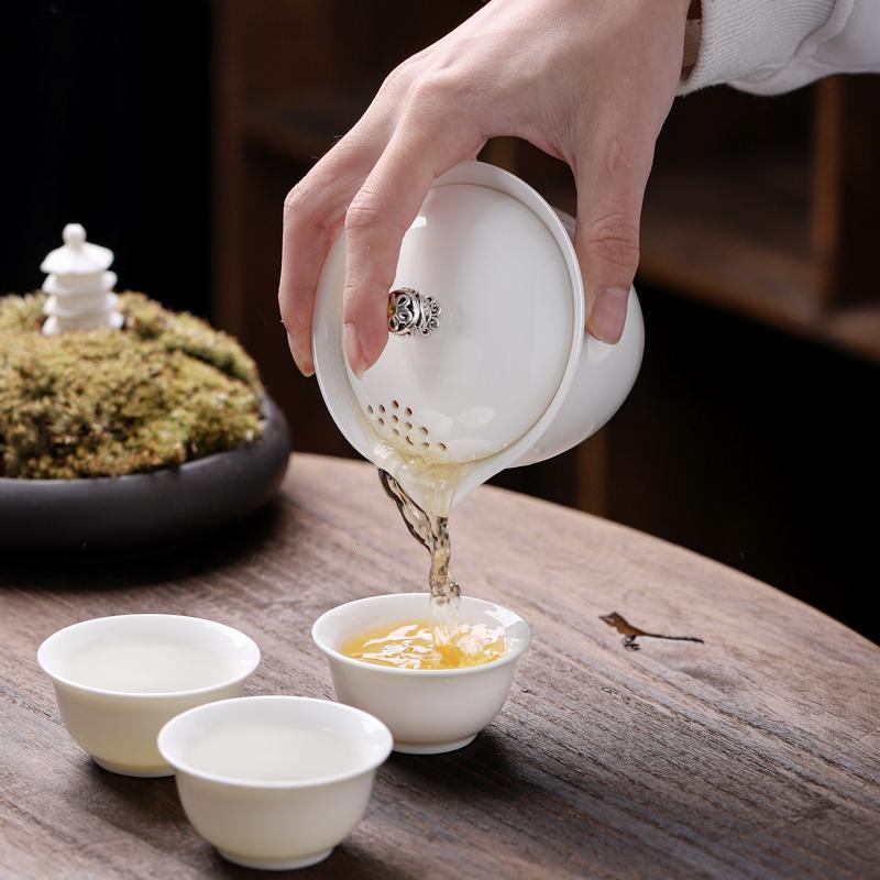 Travel Tea Set Lambswool Jade Covered Bowl One Pot Three Cups Kung Fu Tea Set Portable Brewing Tea Cup Companion Gift