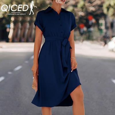 Spring Summer Solid Color Print Short Sleeve POLO Neck Slim Shirt Lace-up Dress