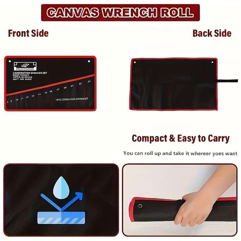 14-Pocket Roll Tool Storage Bag Portable Wrench Organizer Pouch Bag Foldable Spanner Toolkit for Hardware Hand Tools Storage