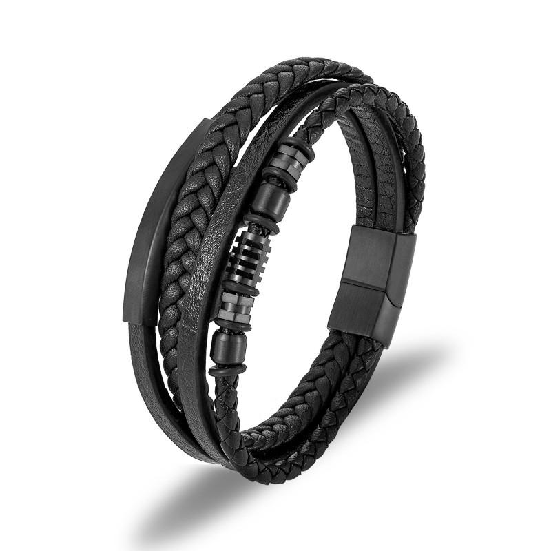 Stainless Steel Mens Braided Leather Wrap Bracelet Geometric Design Cycling Safety Accessory