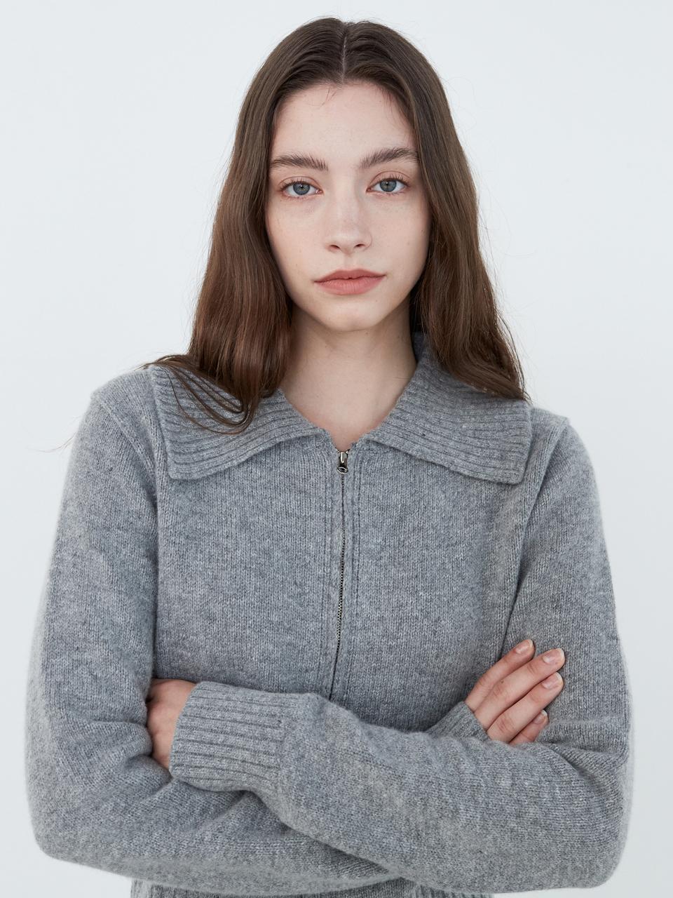 Eight Days A Week Merino Wool Collar Zip-Up Knit Gray Ad014 Free