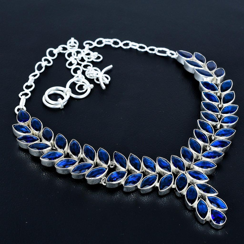 Blue Sapphire Heavy Necklace, 925 Sterling Silver Necklace, Blue Sapphire Designer Necklace, Handmade Necklace, Jewelry Valentine's Day Gift
