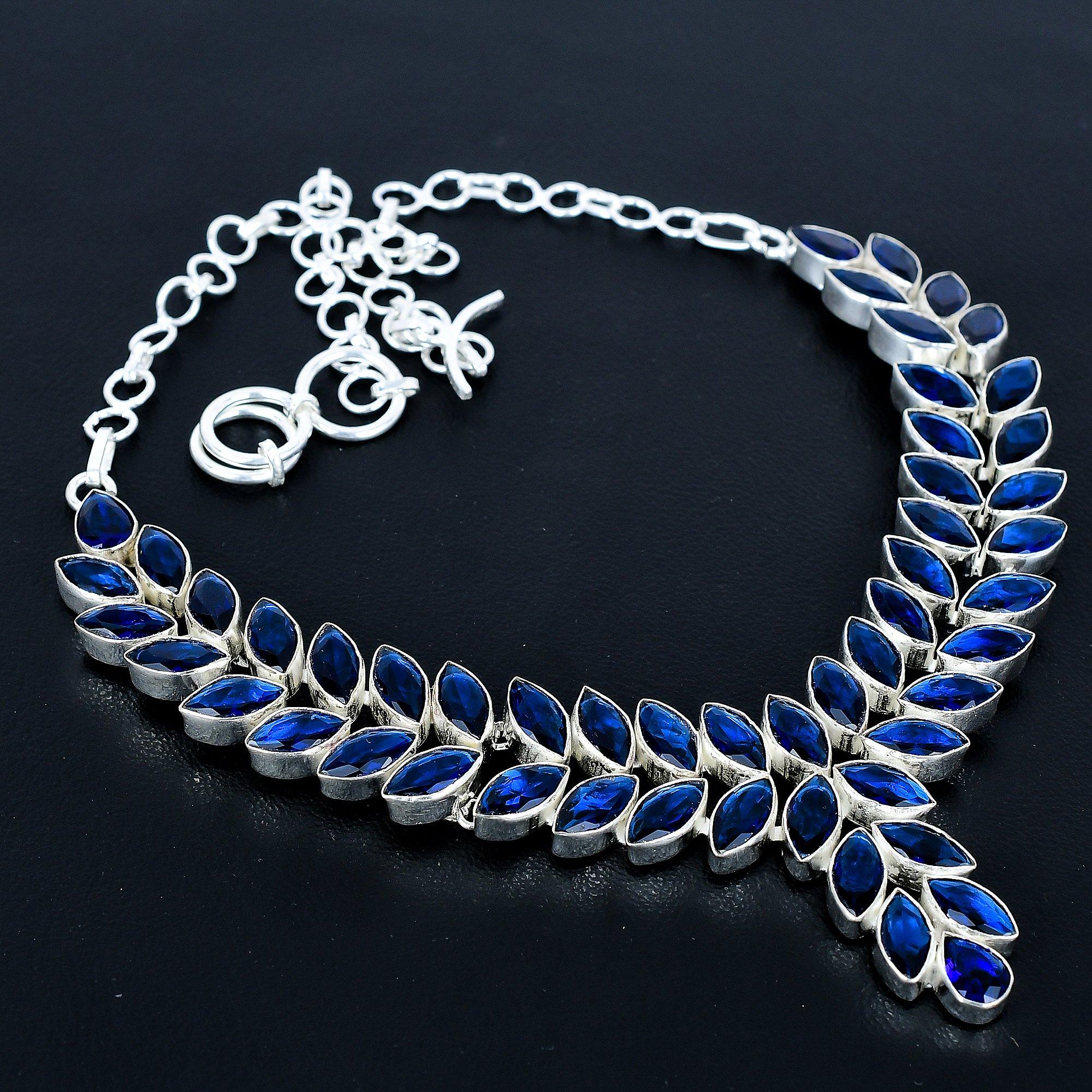 

Тяжелое колье из синего сапфира, Колье из стерлингового серебра 925 пробы, Дизайнерское колье с синим сапфиром, Колье ручной работы, Ювелирное украшение на День святого Валентина 20 синий
