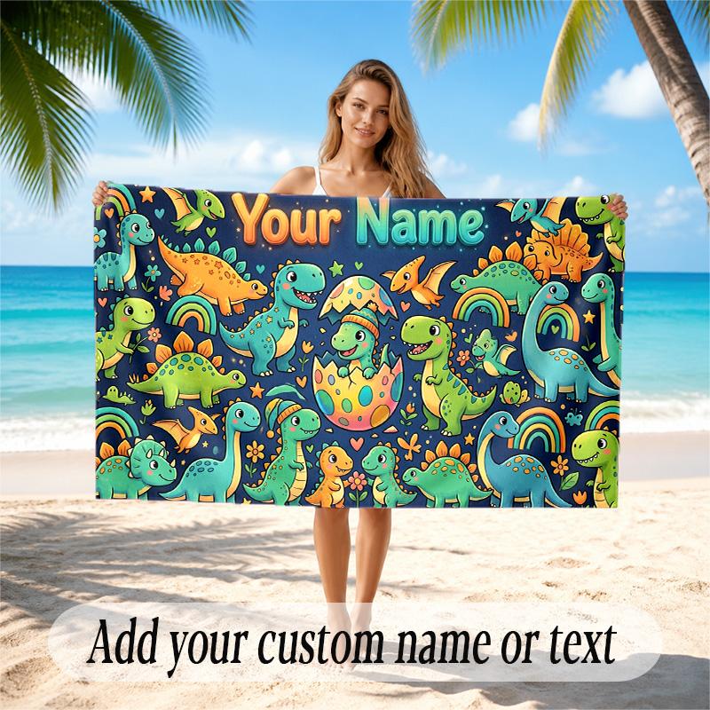Dinosaur Theme Quick Dry Beach Towel Custom Name Text Print Large Sand Resistant Towel Beach Vacation