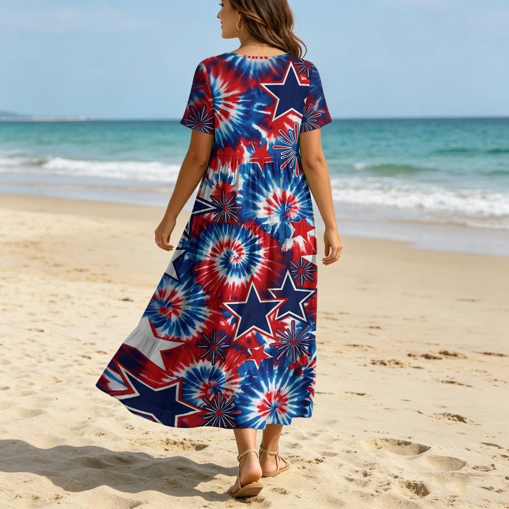 Women’s V Neck Short Sleeve Maxi Dress with Star Print Loose Fit Flowy Hem Casual Summer A Line Dress for Daily Wear