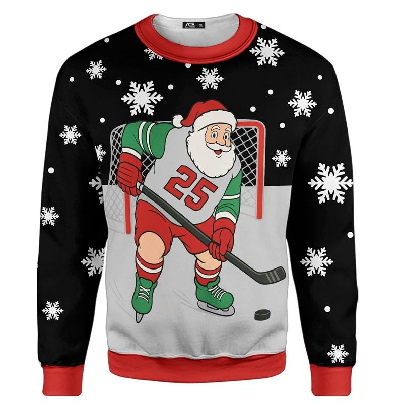 3d Print Santa Claus Playing Hockey Graphic Sweatshirts Men's Merry Christmas Crew Neck Pullover Sweater New In Xmas Hoodie