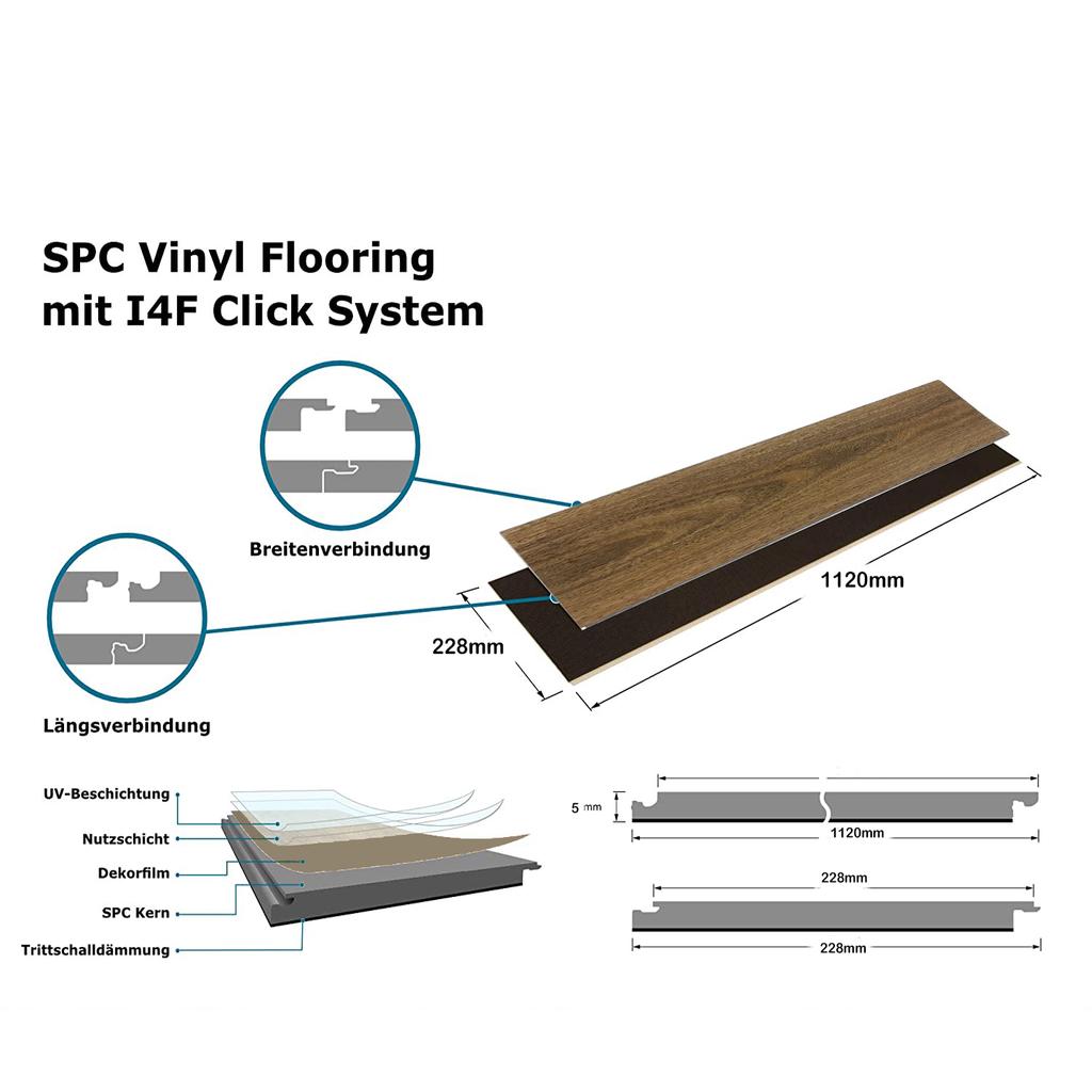 SPC vinyl flooring, solid plank flooring, 5 mm thick, with 0.5 mm thick wear layer, suitable for underfloor heating, area: 2.554 m²