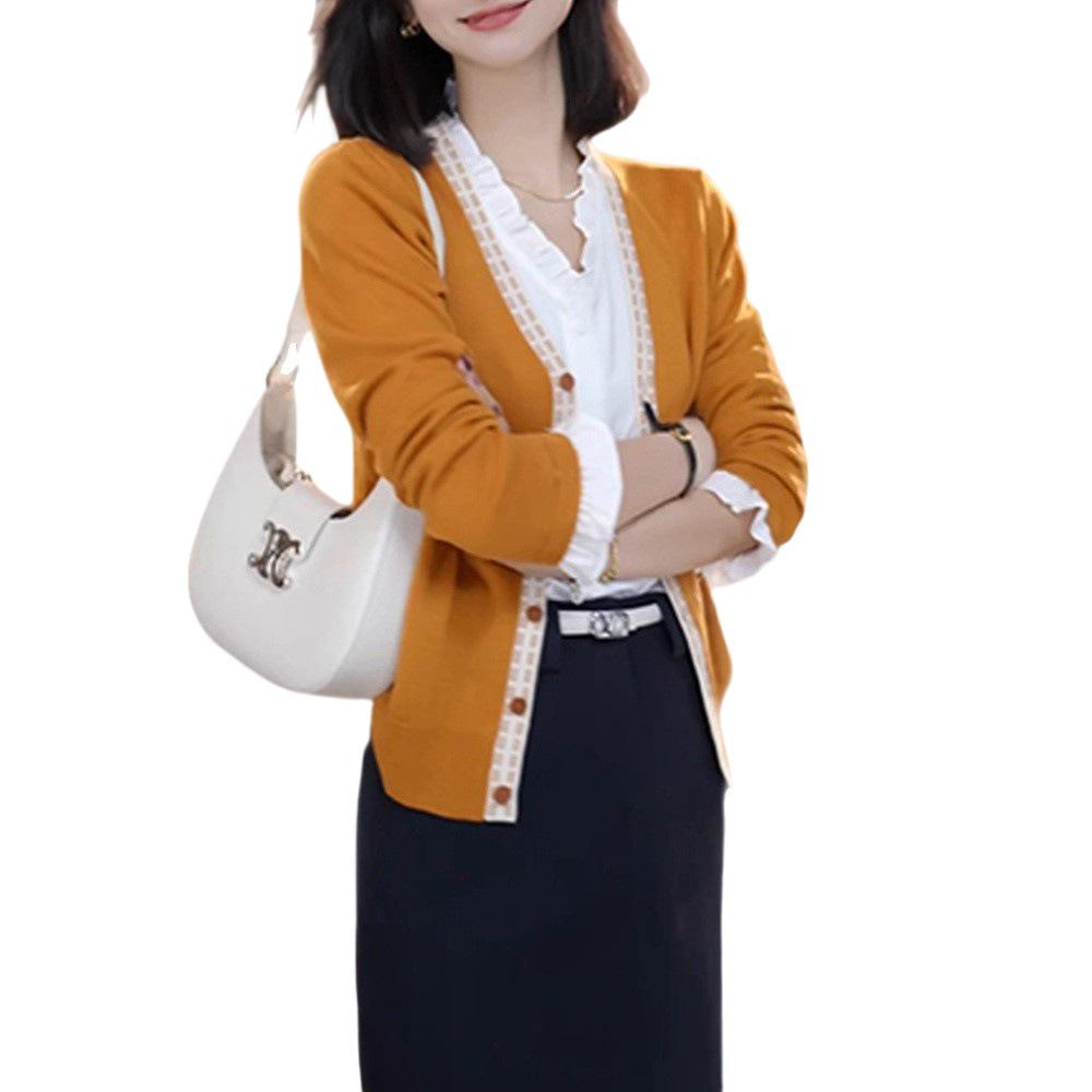 Luxury Knit Cardigan with Wood Ear Trim: Two-Piece Layered Women's Sweater for Autumn/Winter 2025