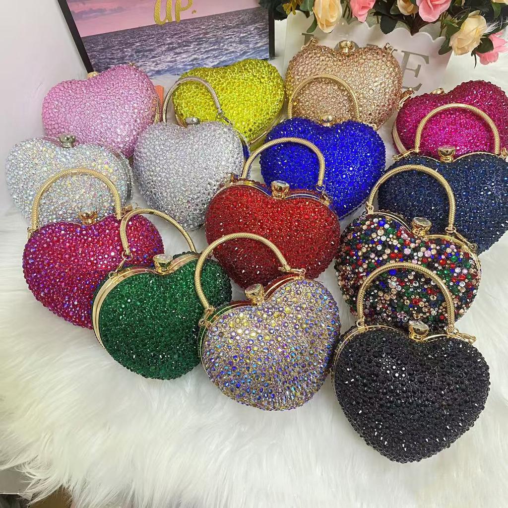 Luxus Herzform Diamant Kristall Abend-Kupplungstasche Steine Strass Mini-Handtasche für Hochzeitsfeier Schultertasche Griff