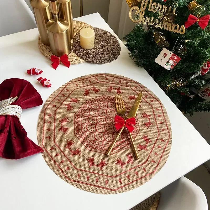 Jute Table Mats Christmas Woven Placemat Ins Printed Hairball Thermal Insulation Mat Retro Cotton and Linen Decorative Mat
