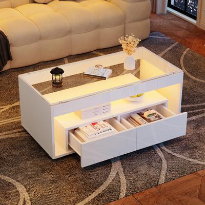 100*50*40cm Coffee Table with LED Light, Rectangular Sofa Table with 2 Large Drawers, Living Room Table Made of Glass, High Gloss, White