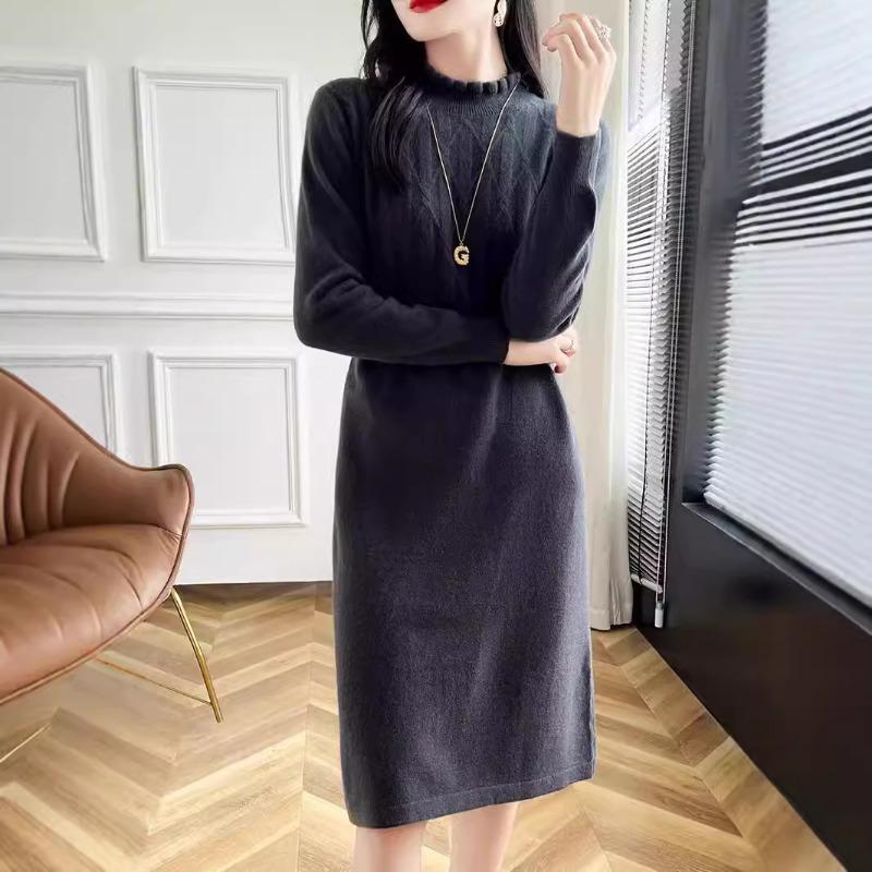 Autumn and Winter New Knitted Dress Temperament Fungus Collar Women with Coat Thin Inner with Medium and Long Sweater Women