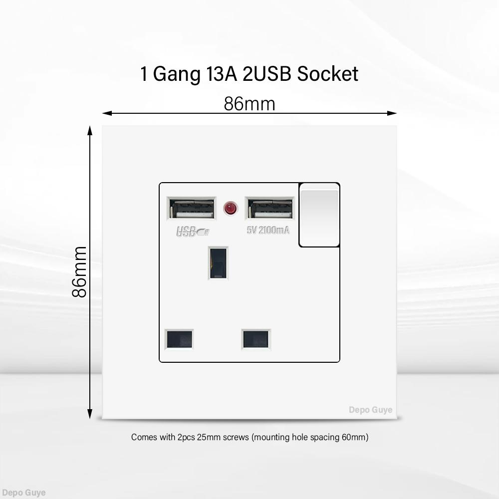 UK 13A Wall Socket with USB Type C 18W Quick Charge Power Outlet,Universal Electrical  Wall Light Switch Dual 3-pin Socket 220V