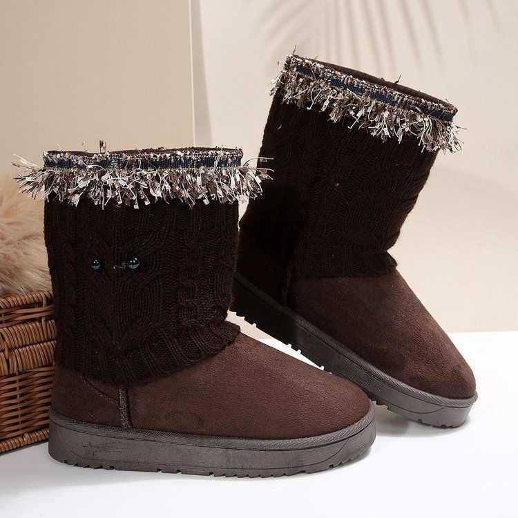 2025 new lace buckle knitted snow boots women's velvet warm comfortable versatile fashion casual autumn and winter women's shoes