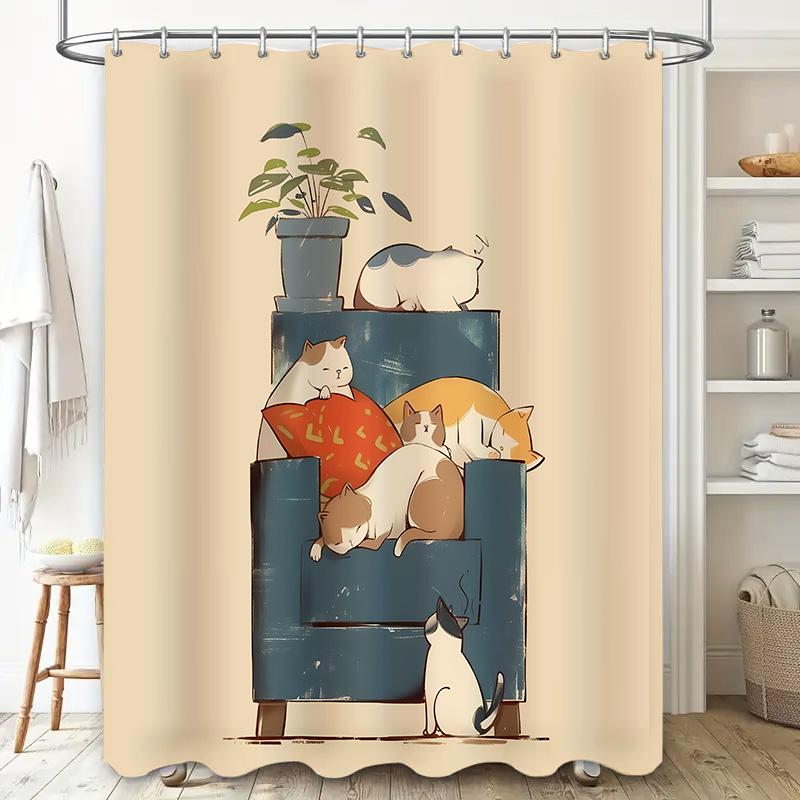Cute Cat Shower Curtain For Bathroom Decor - Creative Illustration Of Lazy Cats On Sofa Waterproof Polyester Rustproof Hooks