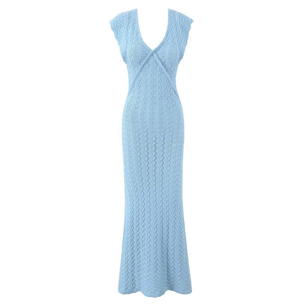 Autumn 2025 European Style Women's V-Neck Retro Crochet Holiday Dress