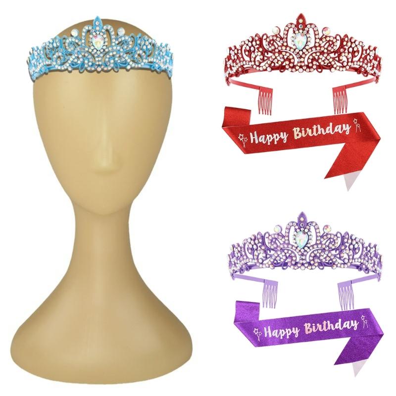 Fashionable 2pcs Rhinestones Tiaras Headband and Sash Hairpiece Hair Accesories for Women’s Birthday Party Accessories