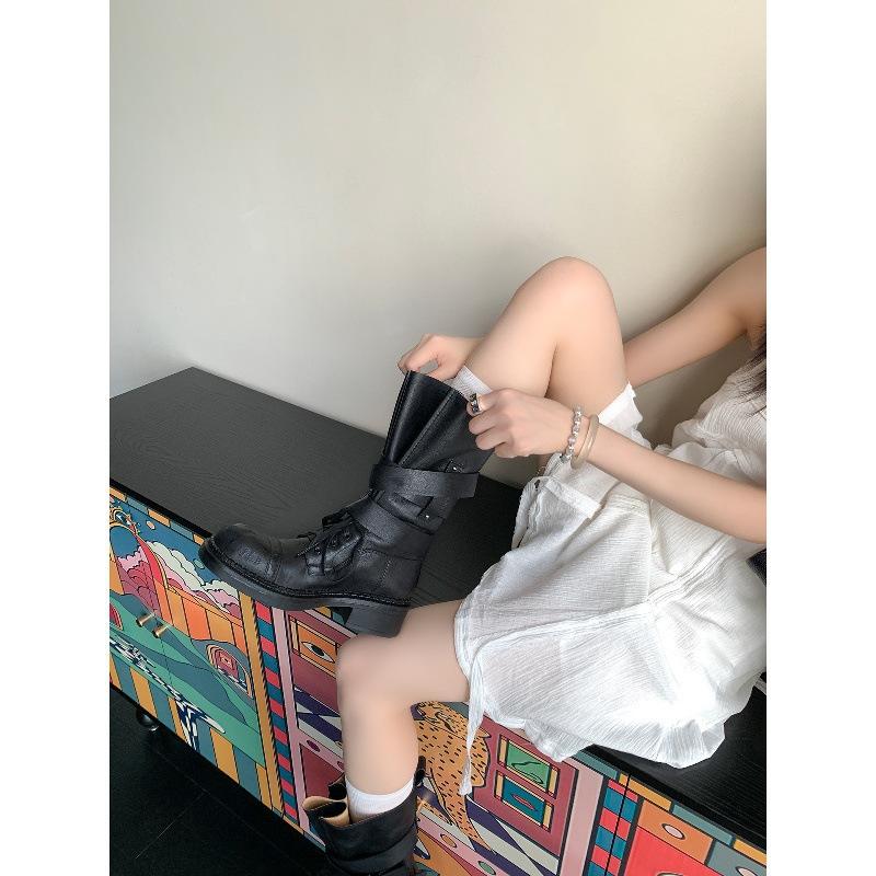 Sheepskin Version~ Retro Belt Buckle Medium Boots Knight Boots Women's Lace-up Locomotive Martin Boots Thick-soled Western Cowboy Boots