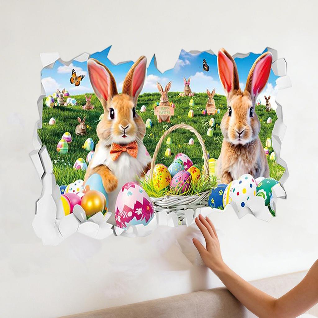 Wall Stickers Cartoon Removable Art Adhesive Hole Break Design Rabbit Wall Sticker For Bathroom Nursery Preschool Playing Room