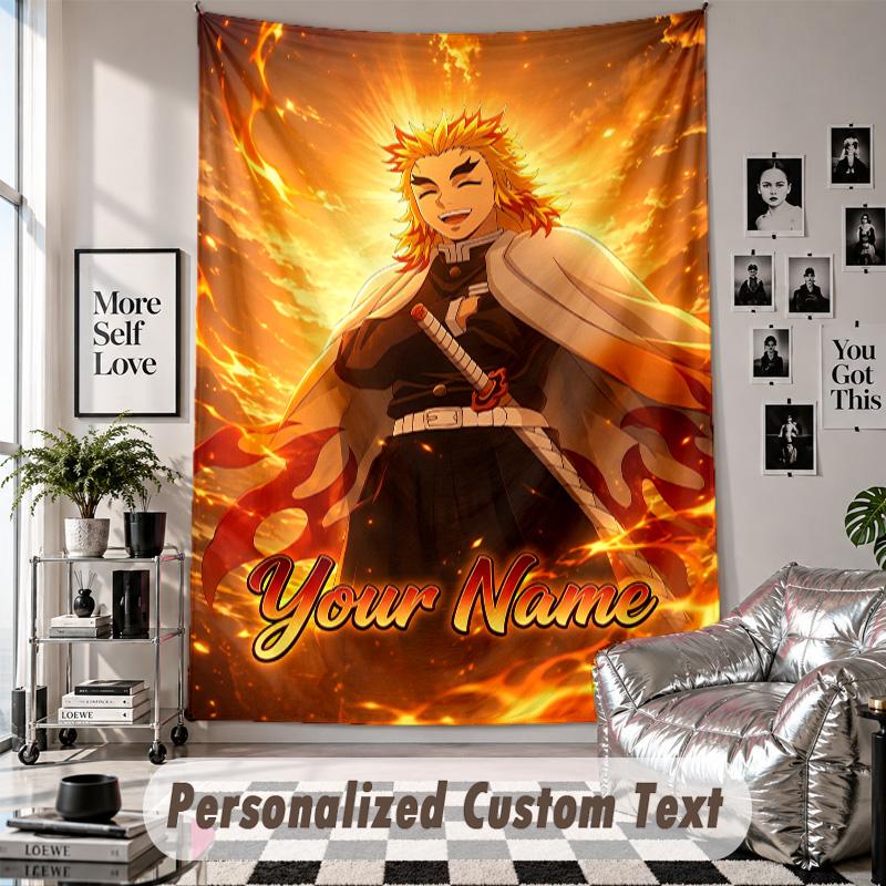 Wall Hanging Tapestry With Custom Name & Text, Demon Slayer Decorative Tapestry For Bedroom
