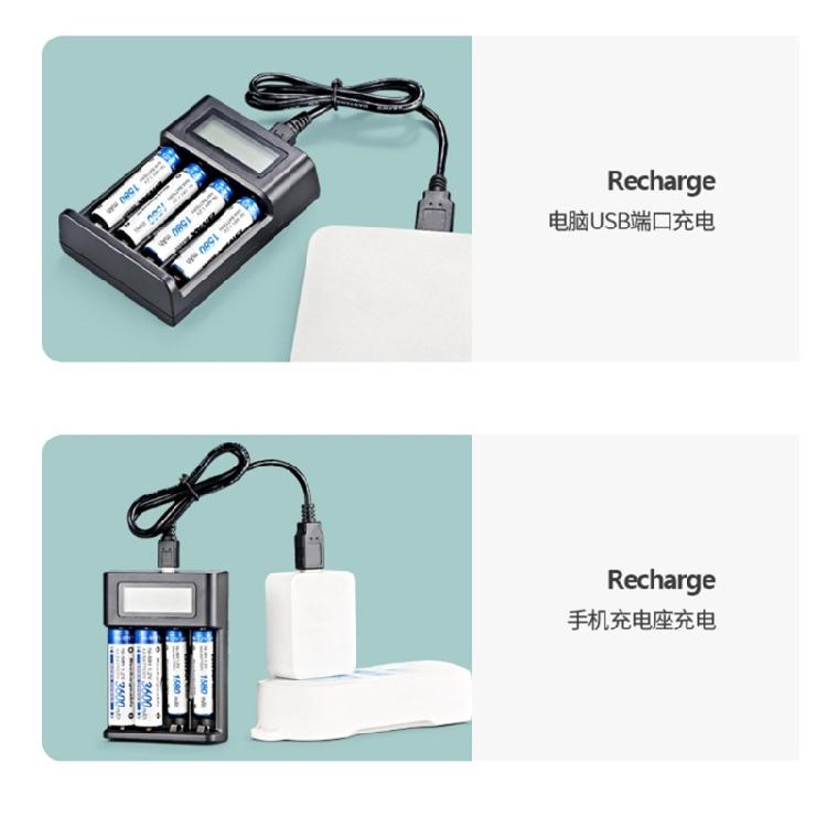4-Schacht-Akkuladegerät AA LR03 Batterieladegerät für NiMH-Akkus mit LCD-Anzeige Intelligente Akkuladung