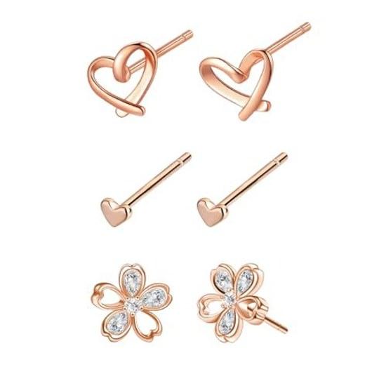 3 pairs 6 pieces earrings women surgical stainless steel stud second piercings flower cherry blossom heart four-leaf clover spring zirconia silver set