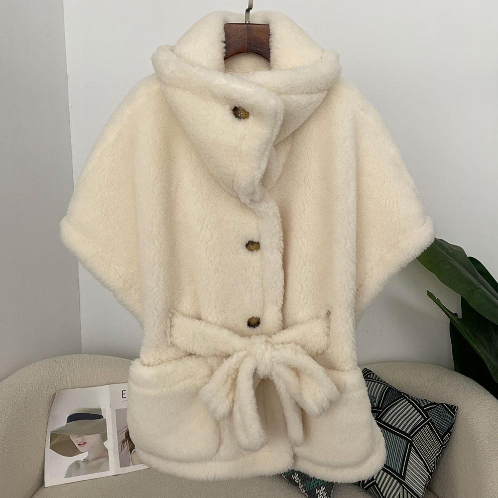 OFTBUY Winter Women Vest Jacket Real Lamb Cashmere Wool Fur with Belt Coat Turn-down Jacket Warm Plush Thick Pocket Elegant Casual