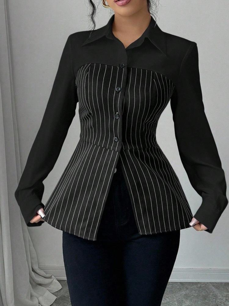Women's Color Block Long Sleeve Shirt Casual Striped Detail Button Down Blouse