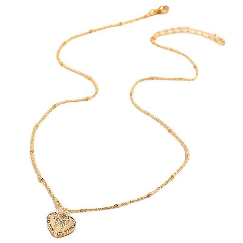 Korean Retro French-Style Elegant Heart & Butterfly Diamond Necklace