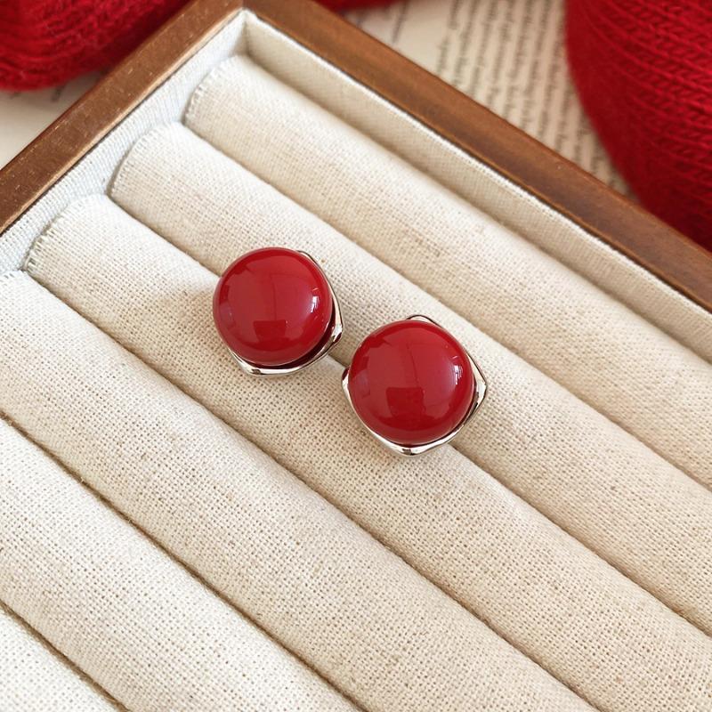 Silver Needle New Year's Red Zircon Geometric Earrings Retro Fashion Temperament Versatile Earrings Light Luxury Premium Earrings Women