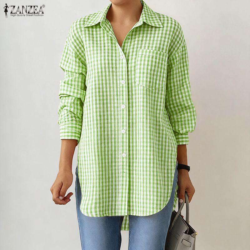 ZANZEA Women Casual Turn Down Collar Grid Print Loose Long Sleeve Blouse