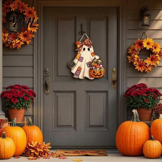 Halloween Door Sign Cute Bow Ghost Sign, Wooden Patchwork Hanging Plaque with Pumpkin Candy Basket, Retro Wall Pendant Lanyard for Front Porch