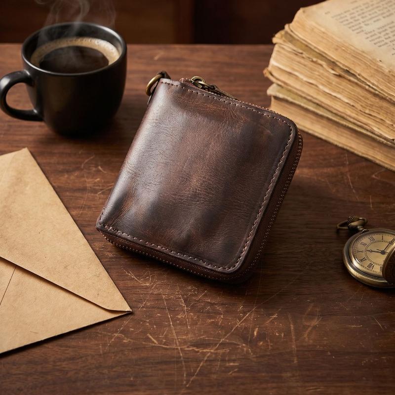 Kort portemonnee voor heren van koeienleer, Vintage verweerde bifold portemonnee met rits, Unieke portemonnee van getextureerd leer voor heren en dames brown