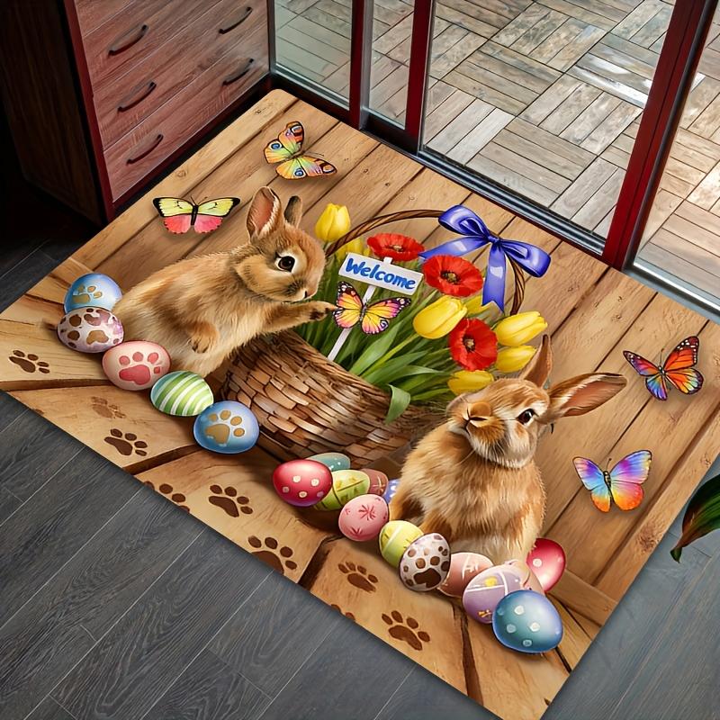 

VIKAMA Пасхальный Кролик и Яйцо Приветственный Коврик для Двери, Нескользящий Моющийся Коврик для Прихожей, Милый Коврик с Цветочным Принтом Кролика для Коврика Перед Дверью 40cm x 60cm