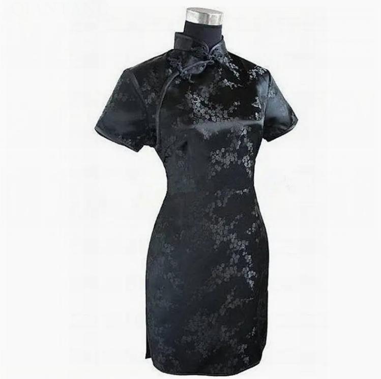 Raffinato Floreale Donna Mini Qipao Elegante Nero Collo Mandarino Cheongsam Sexy Spacco Alto Slim Abito Cinese
