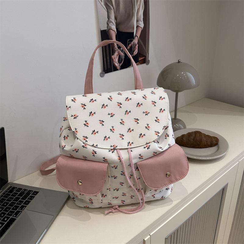 Women Floral Backpack Stylish Laptop Backpack Large Capacity Students School Bag Multi-pockets Adjustable Strap Nylon Backpack