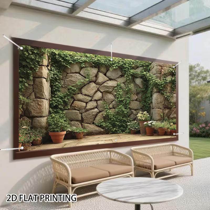 2D Rustic Boulder Stone Wall Terracotta Pot Plant Patio Privacy Screen