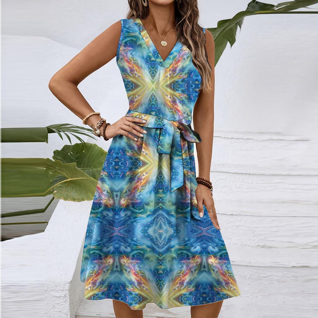 Women's Spring And Summer Casual V-Neck Sleeveless Waist Floral Print Midi Dress