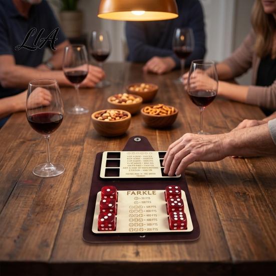 Retro Dice Game Farkle Board Game, with Faux Leather Case, 6 Dices, Wooden Tabletop Scoreboard, Portable for Travel Family Party Night Set