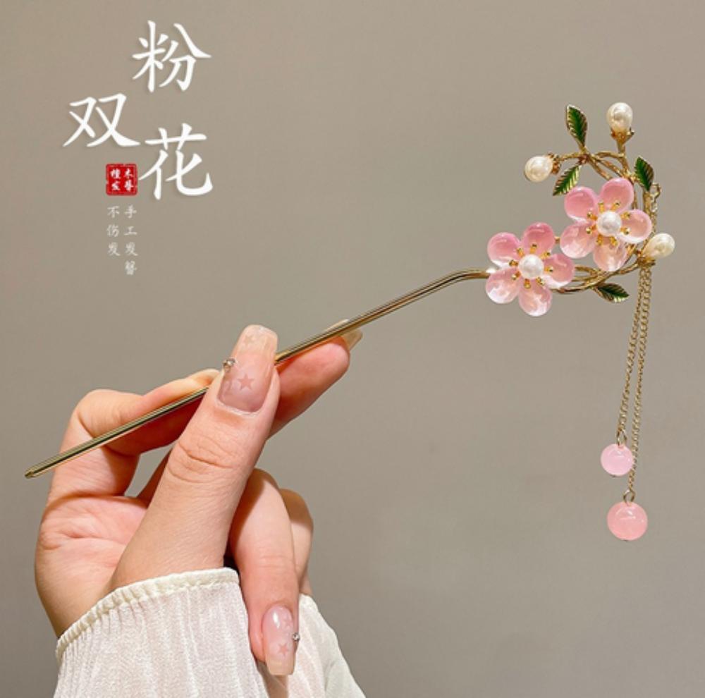 Elegant Chinese Style Hair Accessories Vintage Spring Flower Element Hairpins Light Luxury Tassel Hair Stick For Women Girls