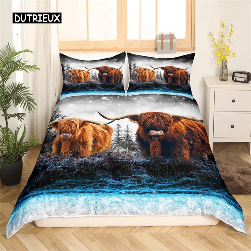 Bettbezug mit Highland-Kuh-Motiv, Western-Bettwäscheset mit Bauernhoftieren, King-Size-Bett, für Jungen und Mädchen, Mikrofaser, Blumenmuster, Bullen- und Rinder-Bettbezug
