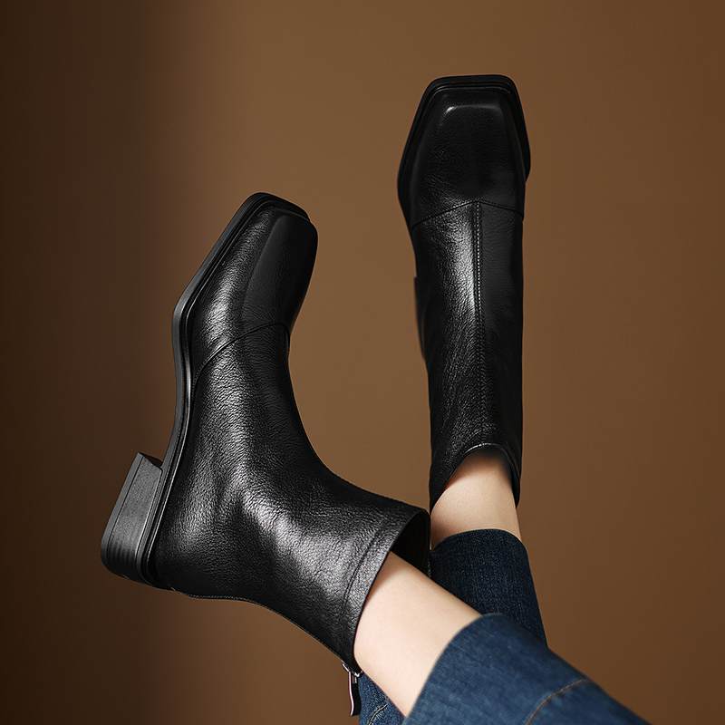 Krazing Pot Sheepskin Winter Square Toe Western Boots Med Heels Zipper Women Ankle Boots