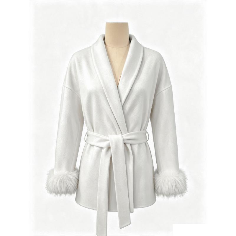 Women S Short Wool Coat With Tie Solid Color Long Sleeve French Style