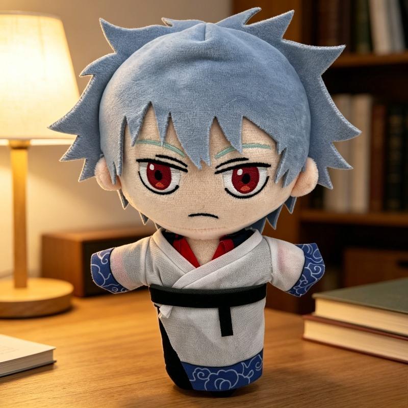Gintama Sakata Gintoki Mini Baumwoll-Plüsch Handpuppe Hellblaue Haare Samurai Chibi Puppe Weiches Kuscheltier Anime Fans Sammlerstück Rucksack Dekoration Geschenk