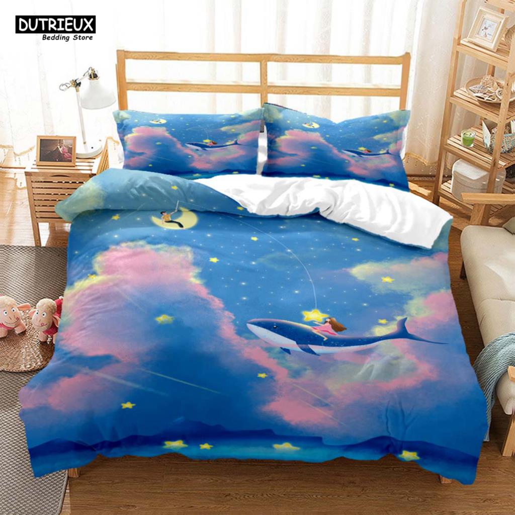 Whales And Girls Digital Print Polyester Bedding Sets Child Covers Duvet Cover Set For Teens Bedding Set Blue And Pink Covers