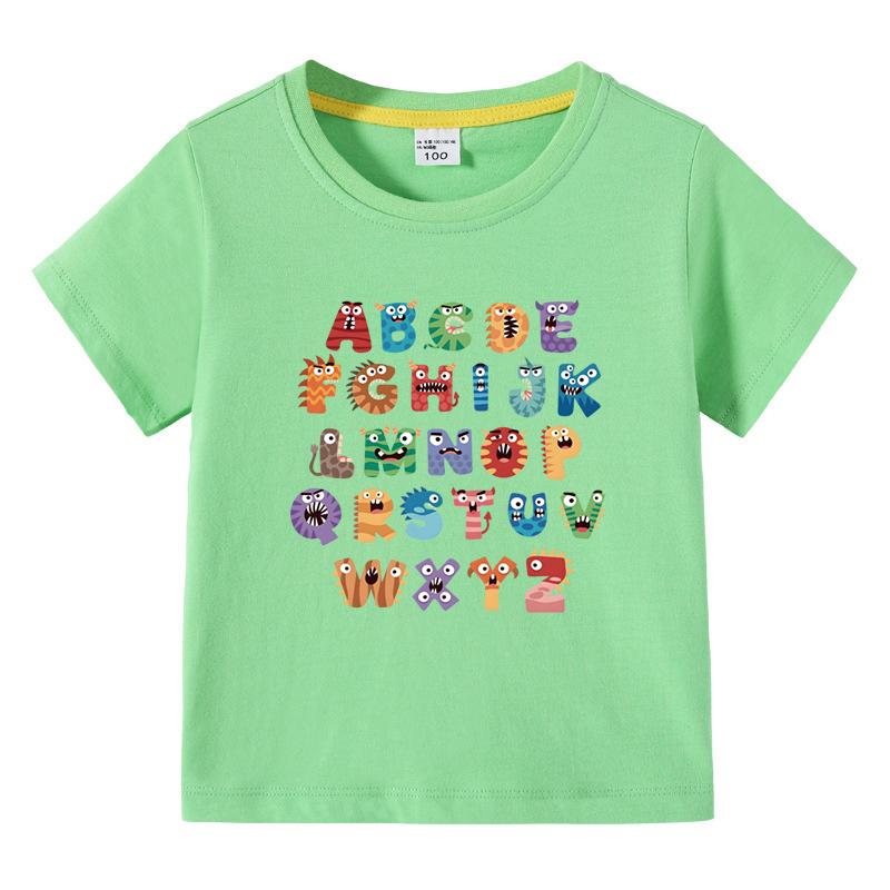 Boys Girls TShirt 26 Letters Print Black 100 Cotton Short Sleeve Tee Soft Casual Summer Tops for Kids Children