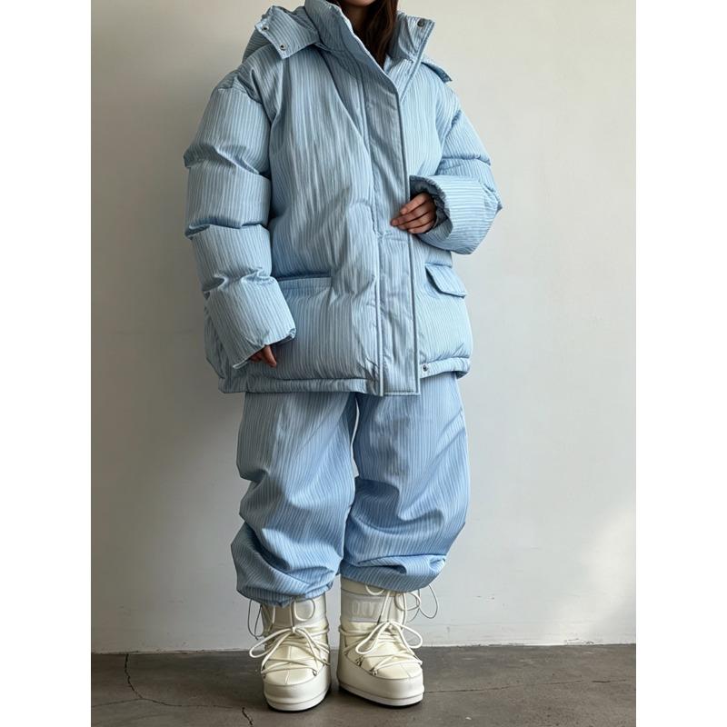 Women Loose Drawstring Striped Warm Thick Hooded Winter Puffer Coat